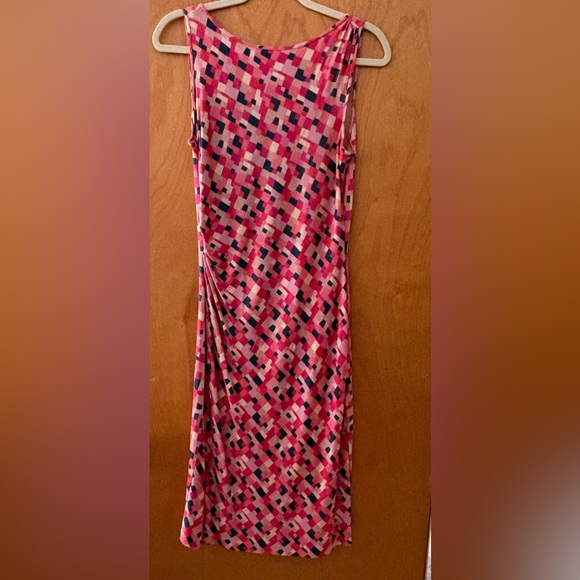 Diane Von Furstenberg Pink, Cream & Navy Geometric 100% Silk Ruched Sheath Dress - Picture 3 of 9
